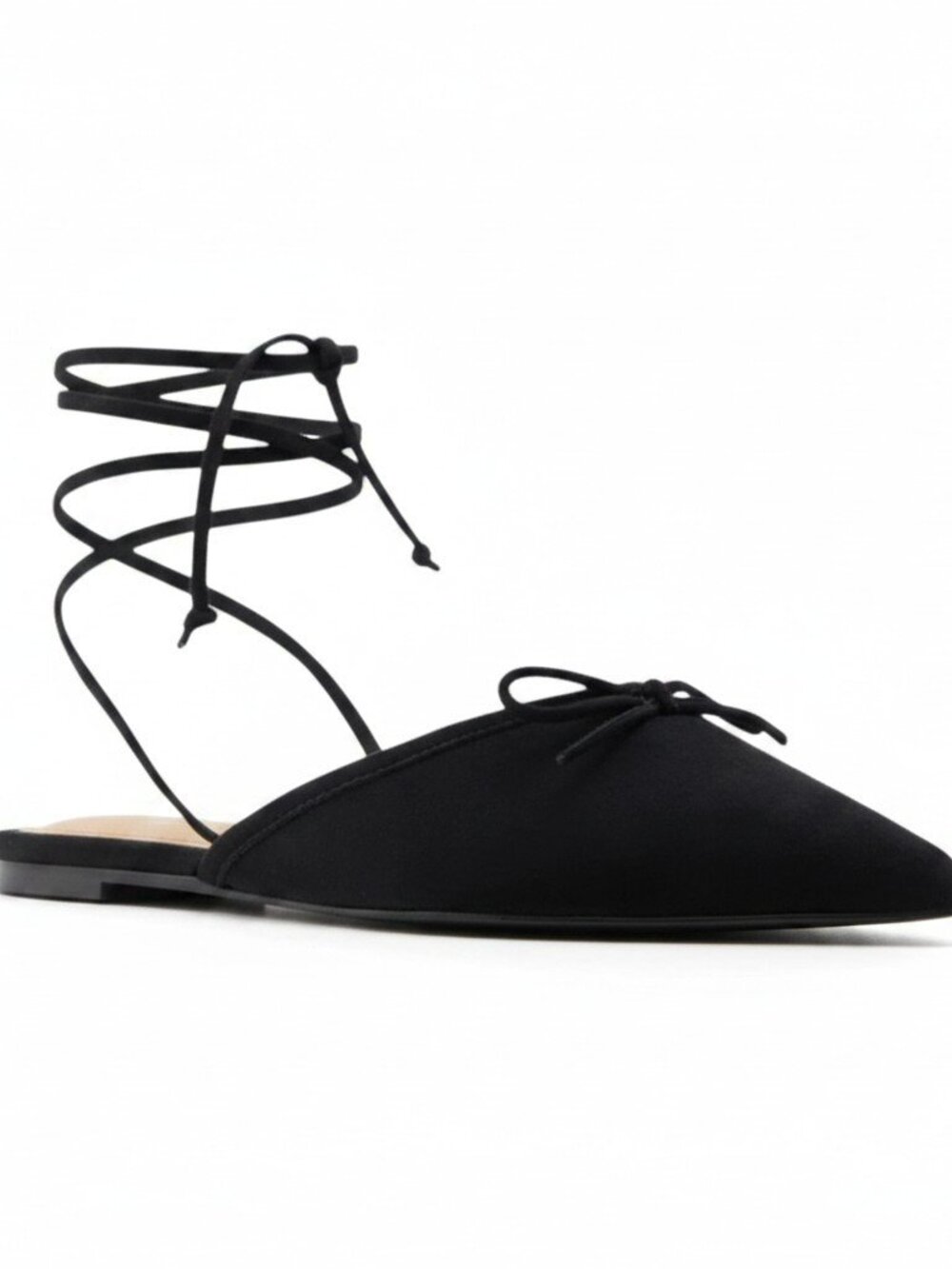 NWOB Who What Wear Black Suede Evelyn Pointed Toe Lace Up Strap Bow Flats 7 1/2